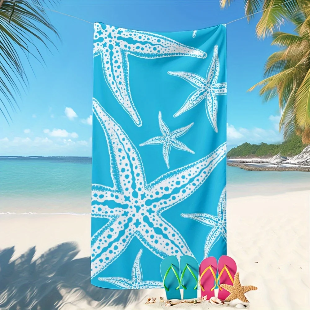 White Starfish Beach Towel, Nautical Starfish Print on Turquoise Background Oversized Bath Towel, Dry Summer Beach Blanket