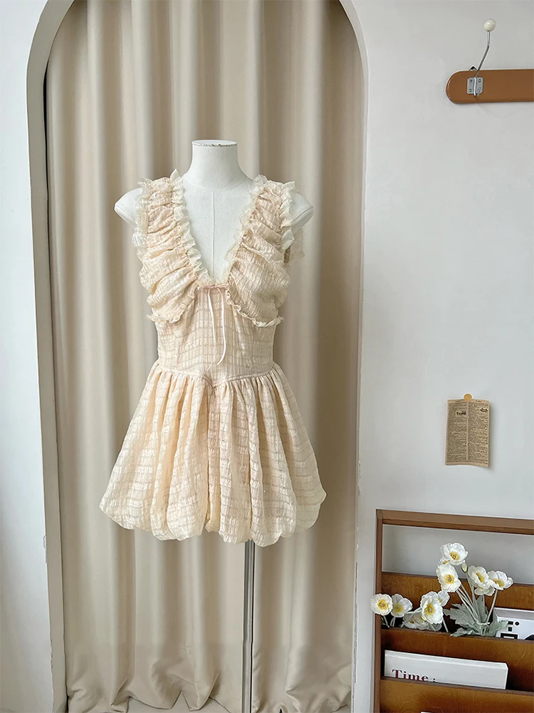 

Summer French Vintage V-Neck Dress Women Mori Girl Frocks Party One-Piece 2000s Aesthetic Coquette Sleeveless Prom Gown Evening