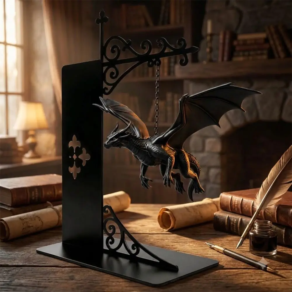 Fantasy Dragon Bookshelf Lamp Warm LED Retro Style Flying Dragon Night Light Iron Stand Gothic Dragon Bookend Light