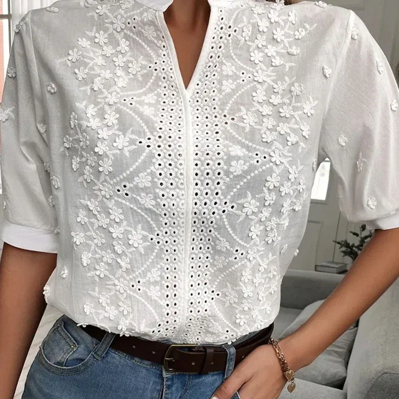 Cotton Tops Floral Embroidery Lace Blouse Women Summer Elegant Short Sleeve Hollow-out Stand Collar V Neck Casual Shirt 24350