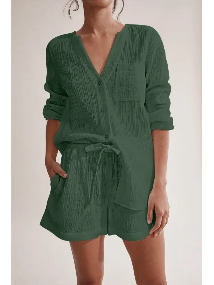 

Newly Casual Cotton Gauze Muslin Sets For Women 2 Pieces Summer Autumn Button Up Long Sleeve Top + Shorts Set Elegant Suit