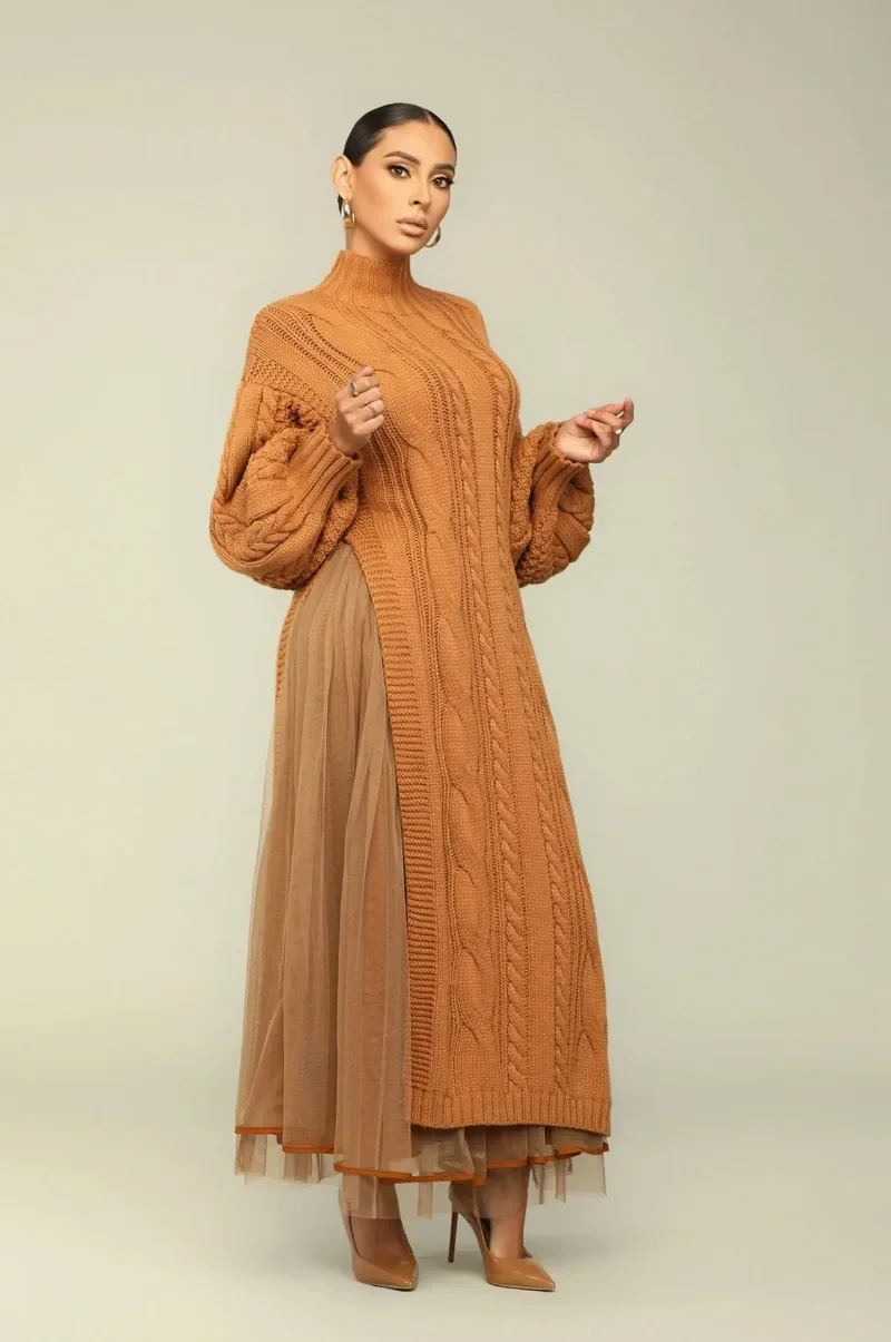 

Women Fashion Two Piece Set Solid Turtleneck Long Sleeve Side Split Braid Knitted Sweater Dress Mesh Maxi Skirts Casual Suits