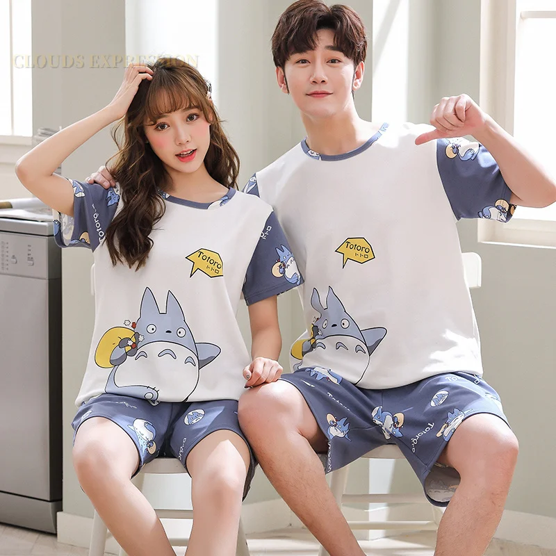 Summer Short Sleeved Sleepwear Casual Couple Pajama Sets For Women Men Cotton Cartoon Pajamas Pijama Pyjama Size 4XL Nightwear