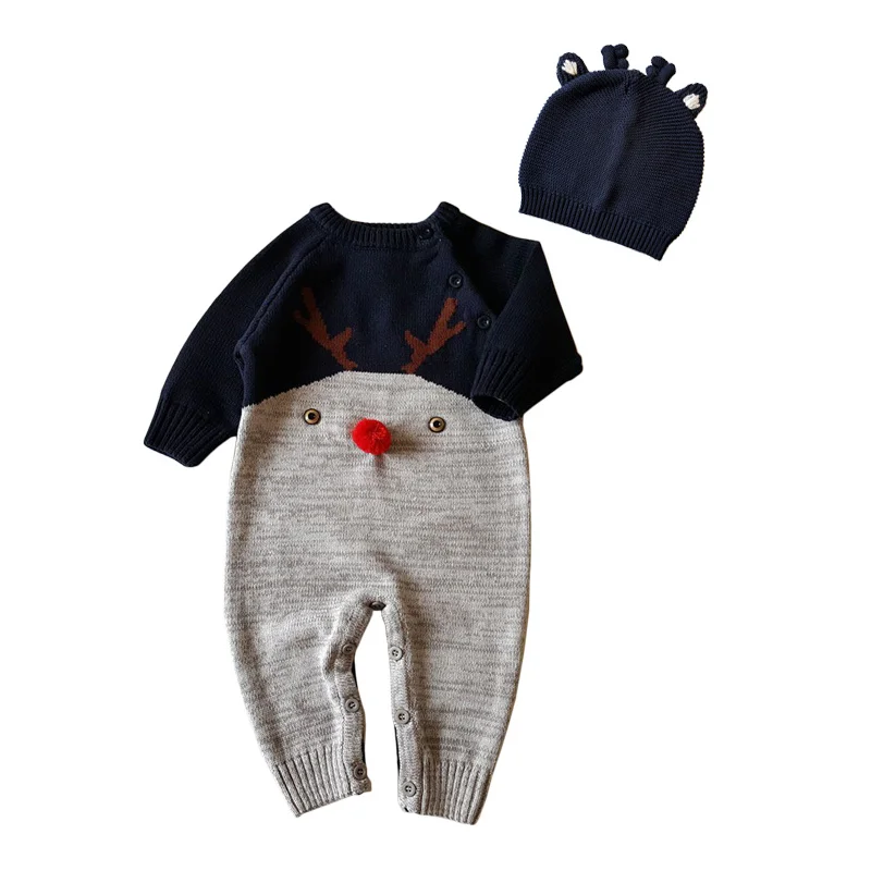 Cotton Knitted Baby Rompers 2pcs Clothes Set Deer Shaped Jumpsuits+Cap Kids Suits Autumn Winter Clothes Boys Girl Outerwear