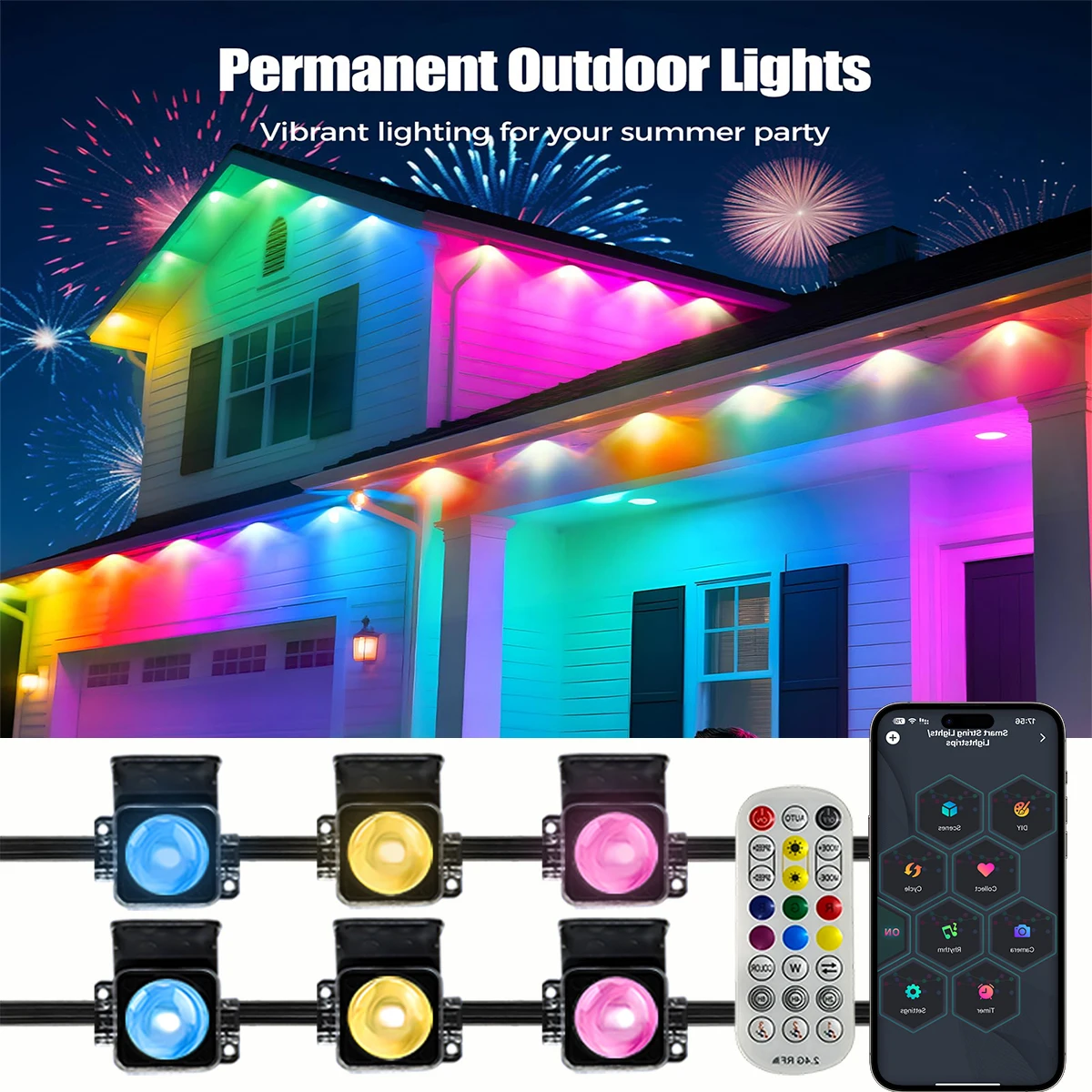 مصابيح LED دائمة للاستخدام الخارجي، 100 قدم 60 لمبة مقاومة للماء RGB، إضاءة حفلات مشهد عيد الميلاد DIY.