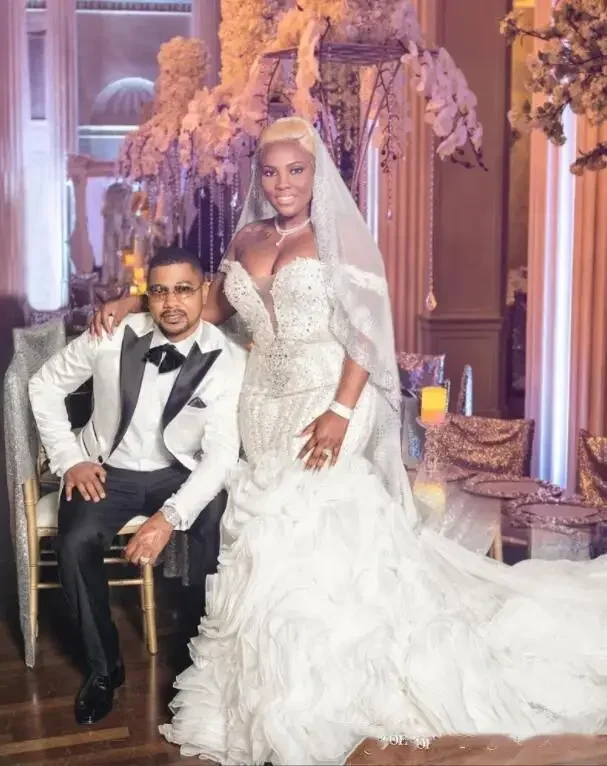 Personalizado sexy sereia vestido de casamento lantejoulas querida fora do ombro babados vestidos de noiva africanos plus size vestido de noiva