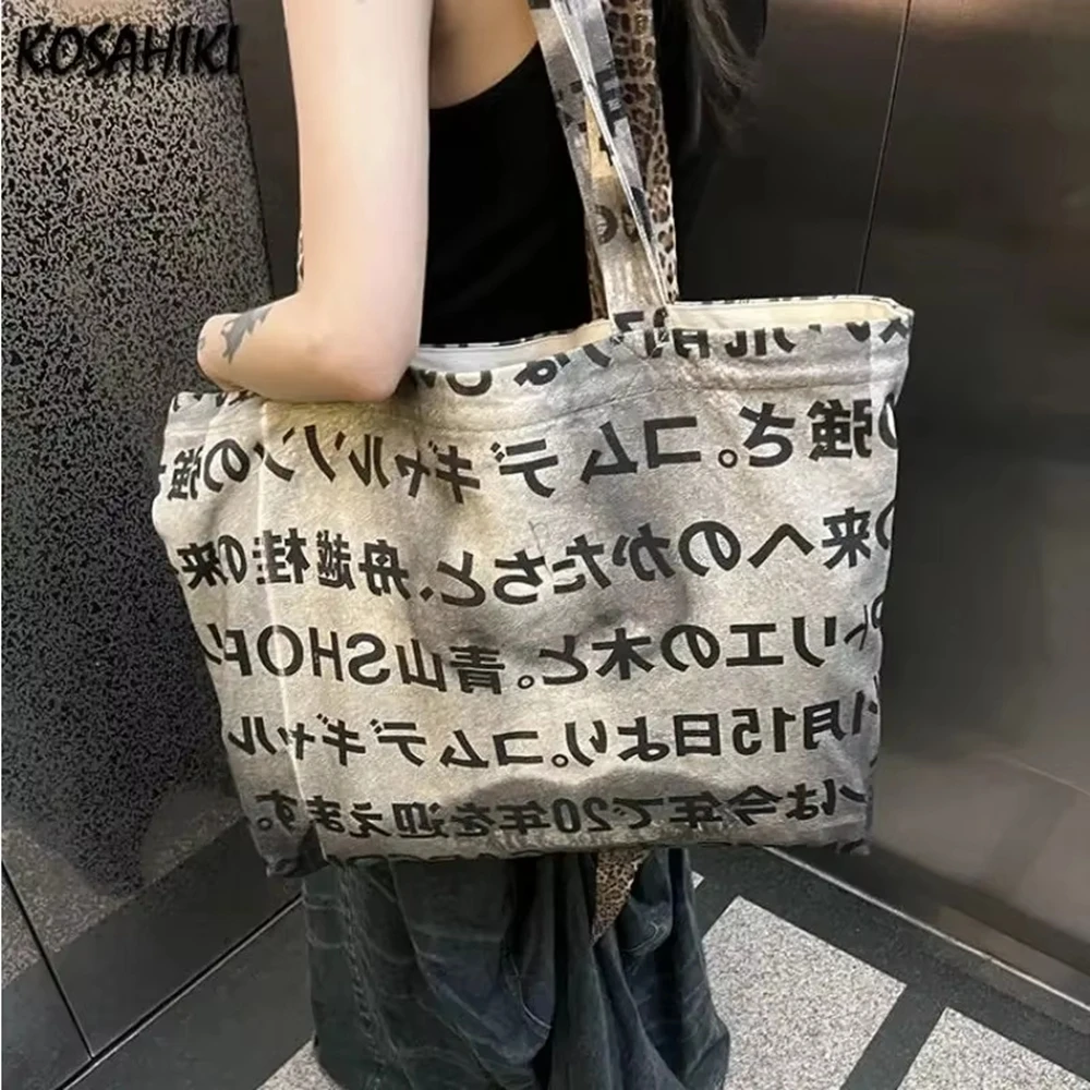 Japan Y2k Aesthetic Vintage Letter Print Tote Bags High-capacity All Match Streetwear Shoulder Fashion Trendy Women's Handbags