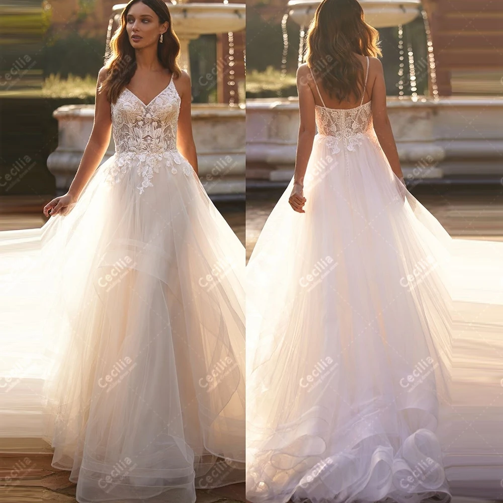 فساتين زفاف براقة زي العرائس الأنيق ألف خط تول المتدرج الجلباب السباغيتي الأشرطة 2025 مخصص Vestidos De Novia 2026