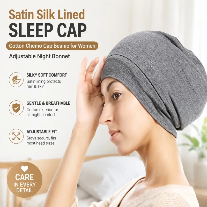Bamboo Cotton Beanie Hat with Satin Silk Liner for Women No Cuff Head Wrap Soft Breathable Night Sleep Bonnet Elastic Hair Cover