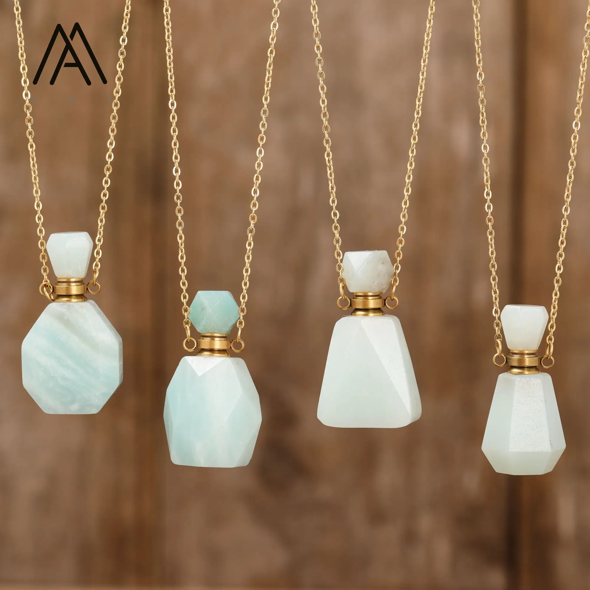 Natural Amazonite Perfume Bottle Pendants Gemstone Classic Design Gold Chain Stainless Steel Vial Necklaces Jewelry Gifts