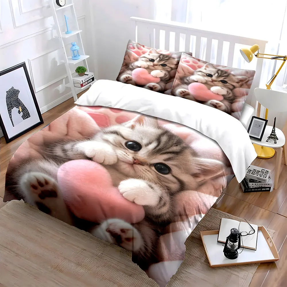Cute kitten holding pink heart toy Printed Duvet Cover Set1 Duvet Cover+2 PillowcaseMulti Size Bedroom Bedding Decor