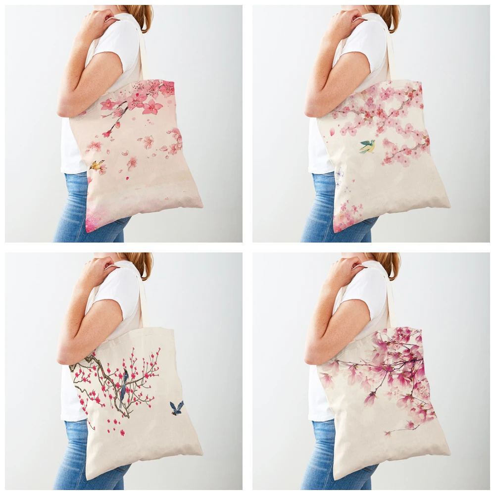 Pink Peach Blossom Shopper Bag Tote Handbag Reusable Watercolor Plant Tree Bird Double Print Casual Canvas Women Shopping Bags