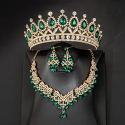 Crystal Rhinestone Bridal Tiaras Crown Women Queen Princess Purple Pink Red Blue Green Necklace Sets Fashion Jewelry Set Diadems