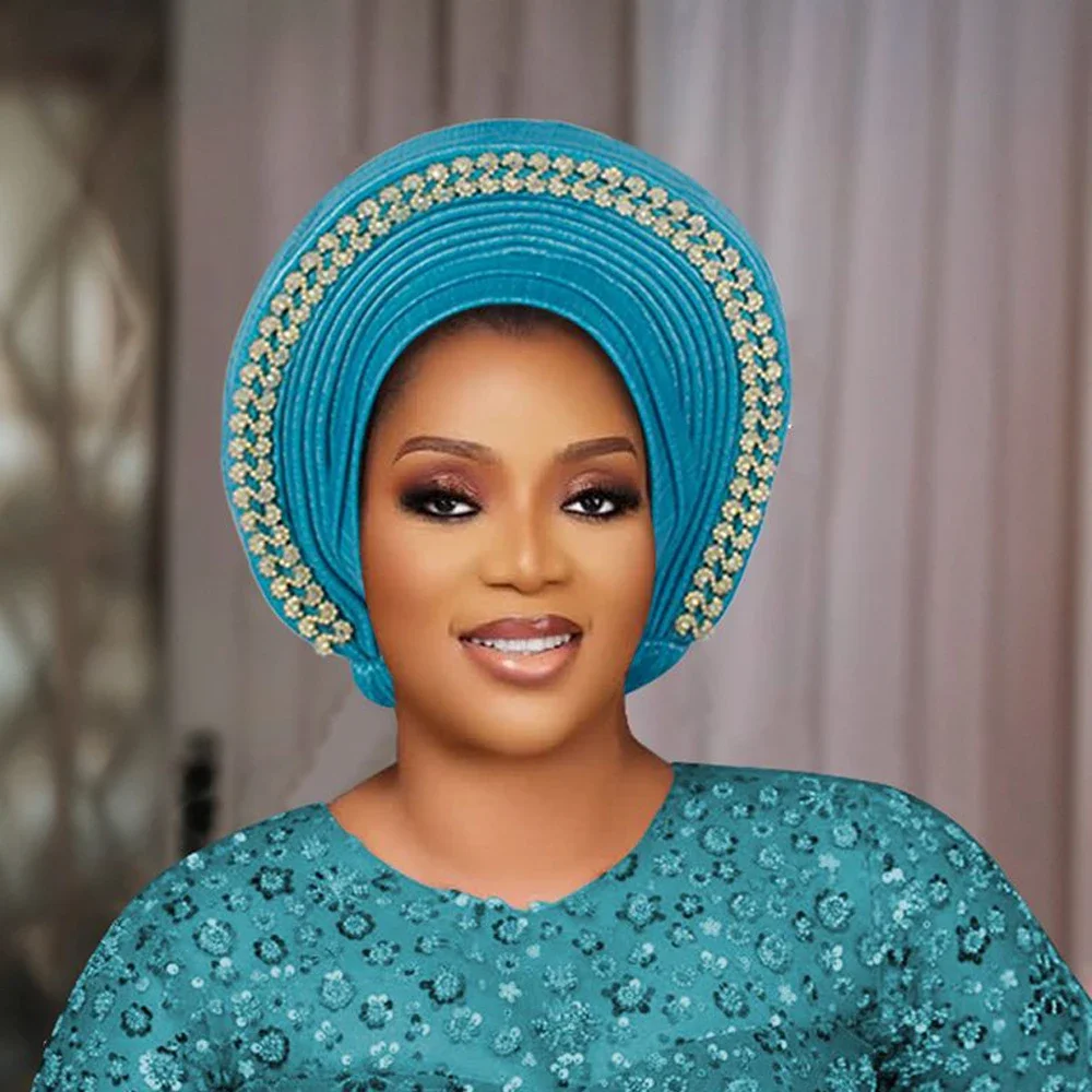 

Нигерийский головной убор Aso Oke, блестящая повязка на голову с бриллиантами, африканская мода, свадебный головной убор для женщин, мусульманский хиджаб, капот, платок, тюрбан