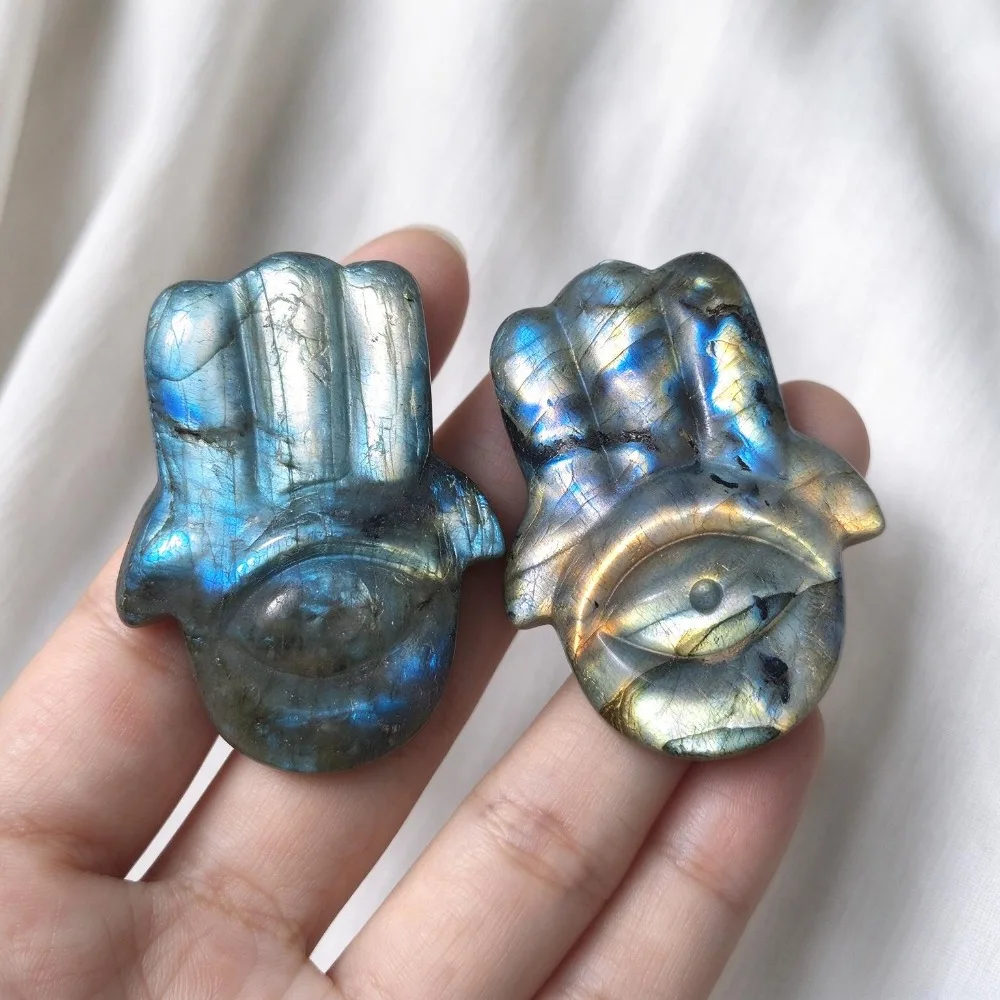 Natural Labradorite Hamsa Hand Evil Eye Statue Fatima Crystal Sculpture Polished Ornament Home Decoration Crystal Craft Gift