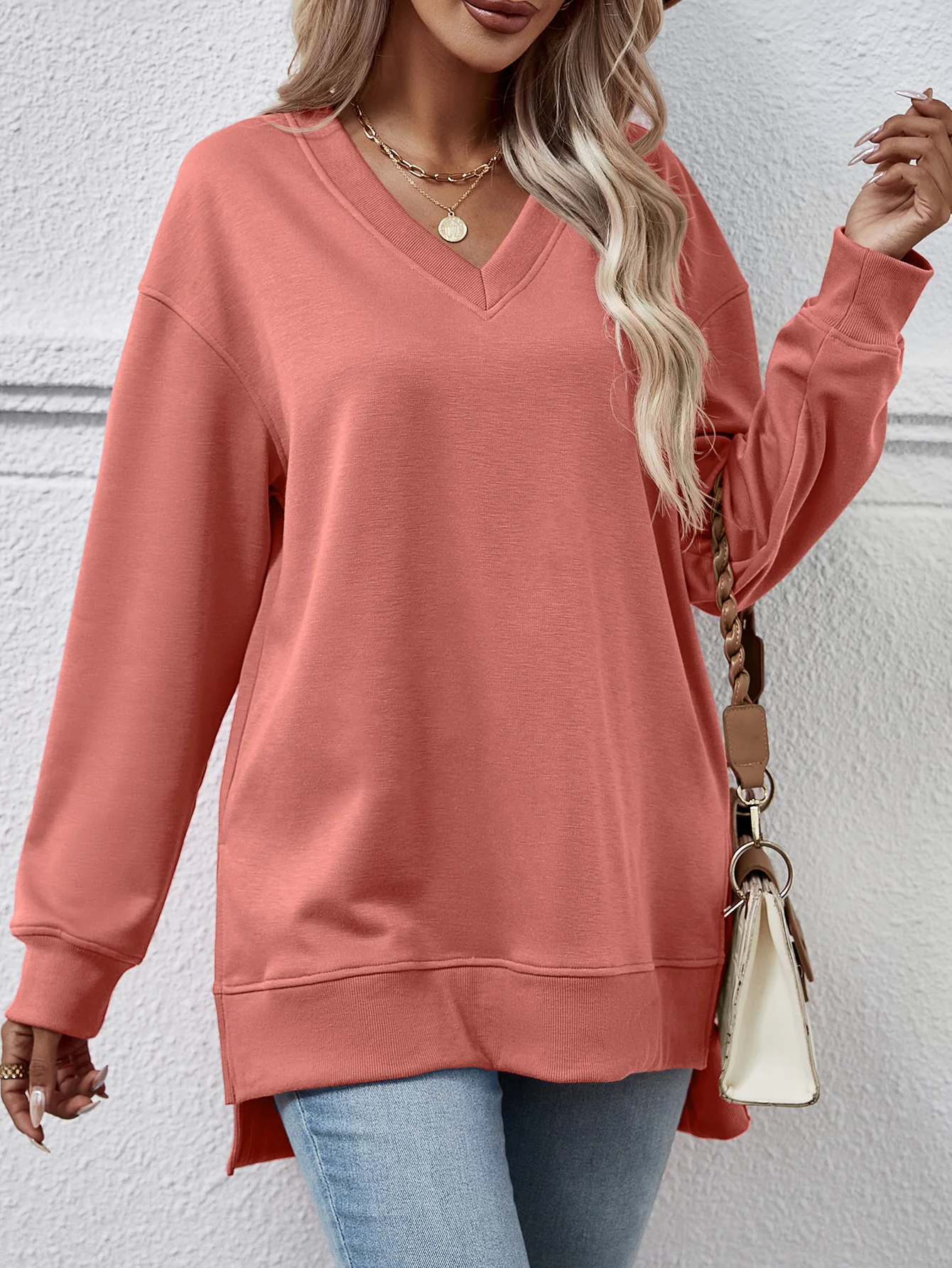 Women's Loose Sweater 2023 New Autumn/Winter Popular Solid V-neck Split Front Short Back Long Women's Top