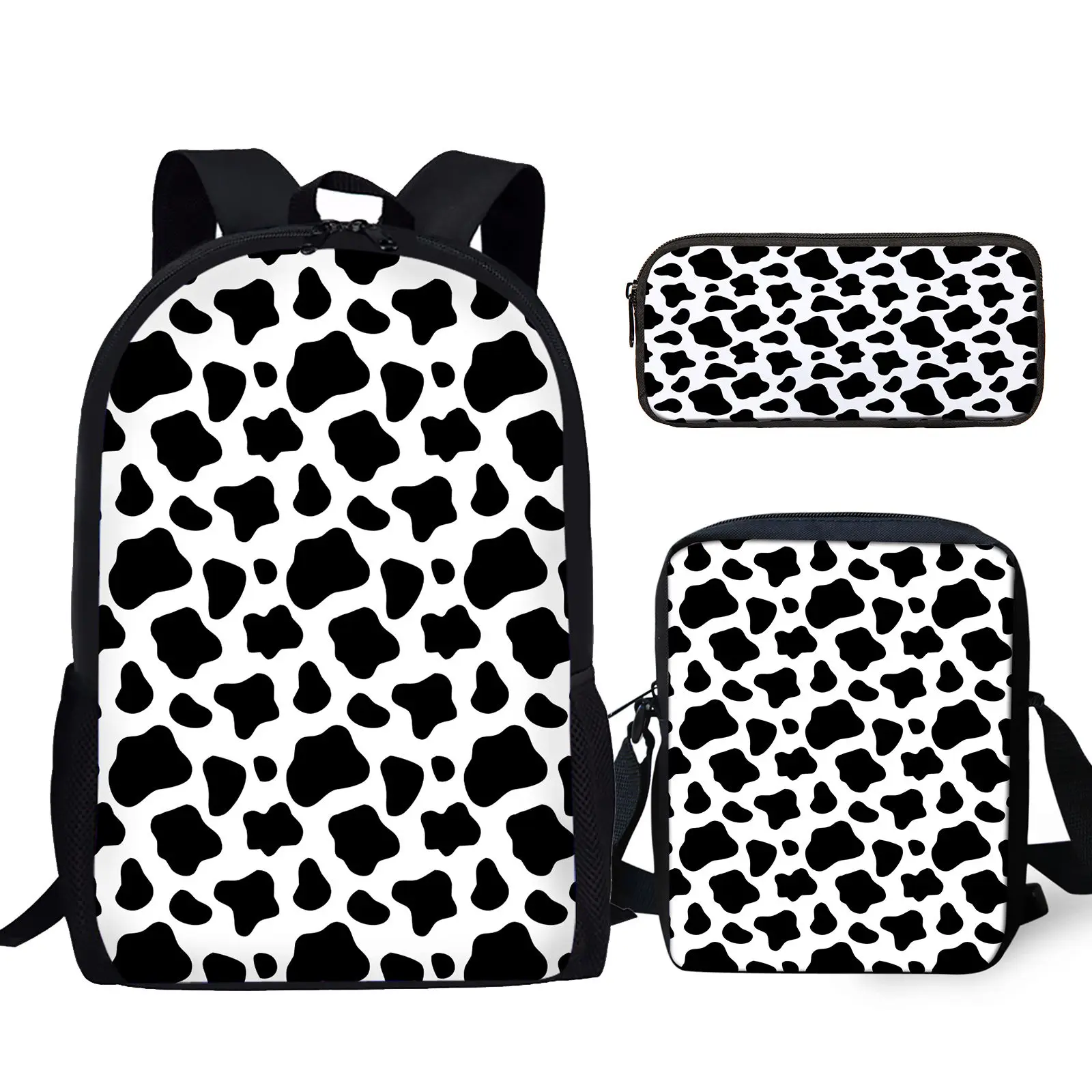 Mochila escolar con estampado de dibujos animados para niños y niñas, paquete de regalo de regreso a la escuela con textura de vaca en blanco y negro, almacenamiento diario, 3 piezas