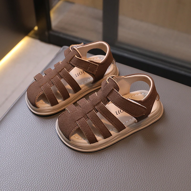 New Kids Sandal Toes-covered Summer Sandals for Girls Solid Color Causal Children's Cut-outs Woven Beach Sandals Thick Bottom