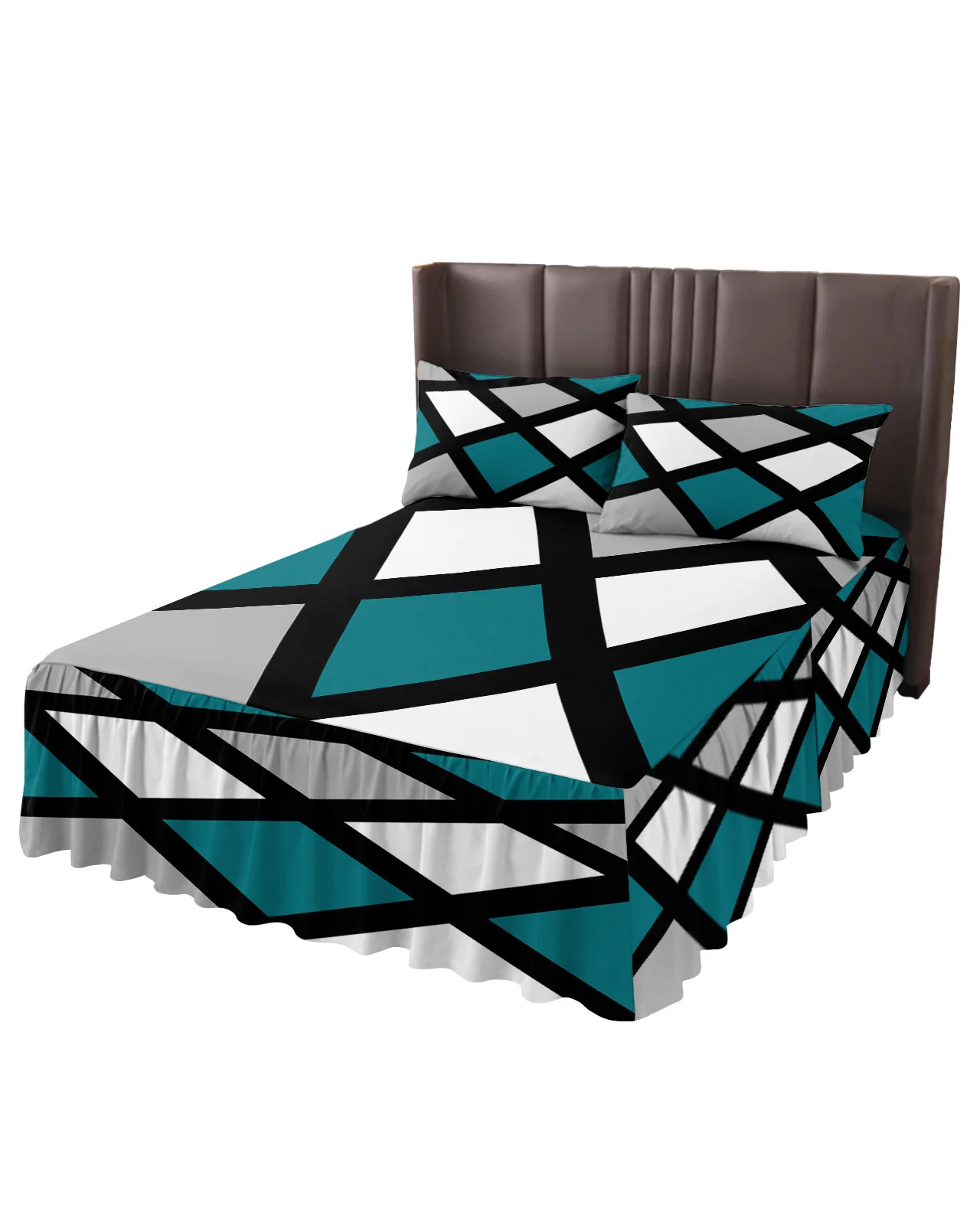 Blue Green Black Grey Geometric Square Bed Skirt Elastic Fitted Bedspread With Pillowcases Mattress Cover Bedding Set Bed Sheet