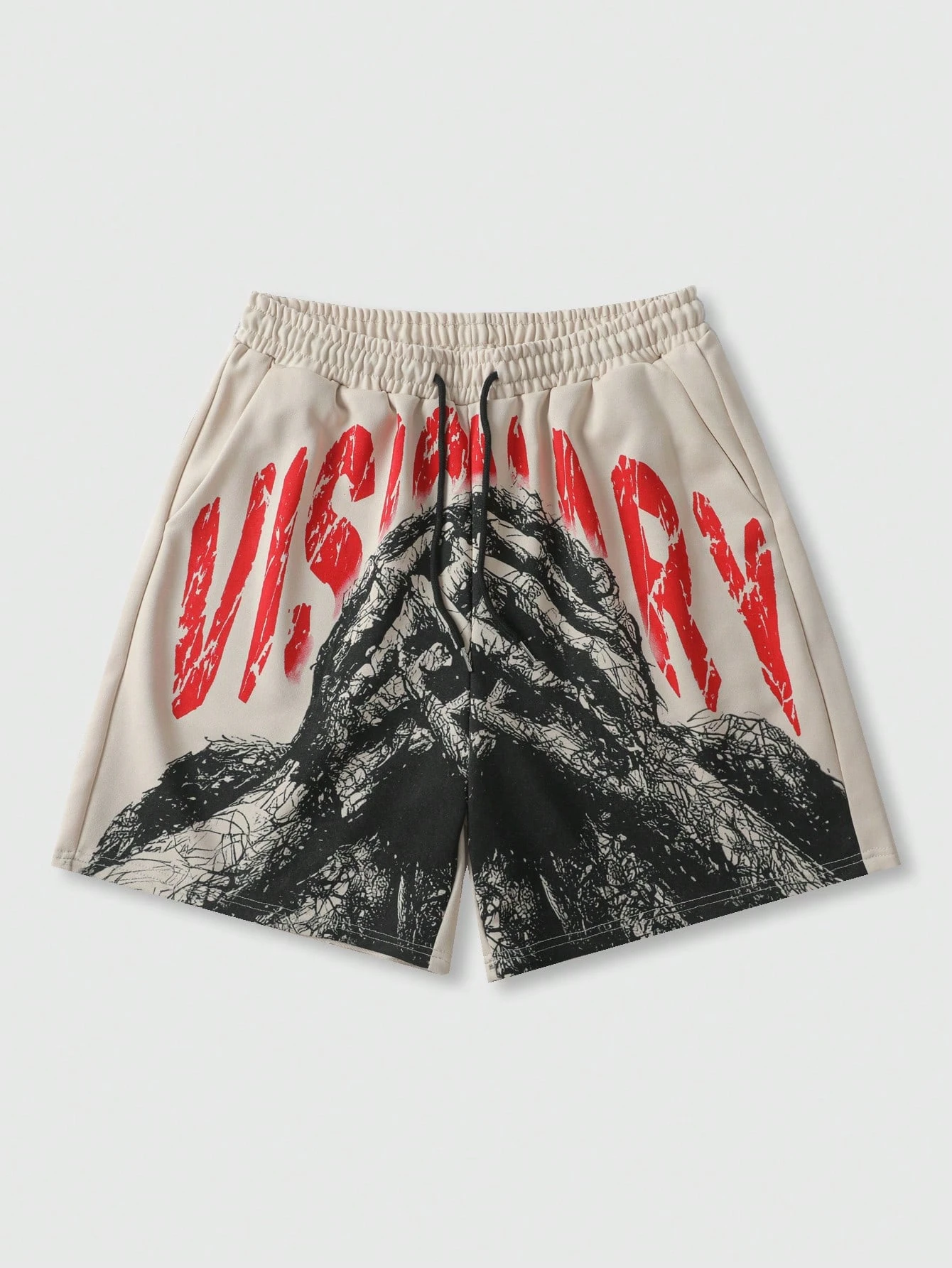 

Men's Beige Streetwear Shorts with Red "VISIONARY" & Black Praying Hands Print, Breathable Casual Summer Bottoms 2026