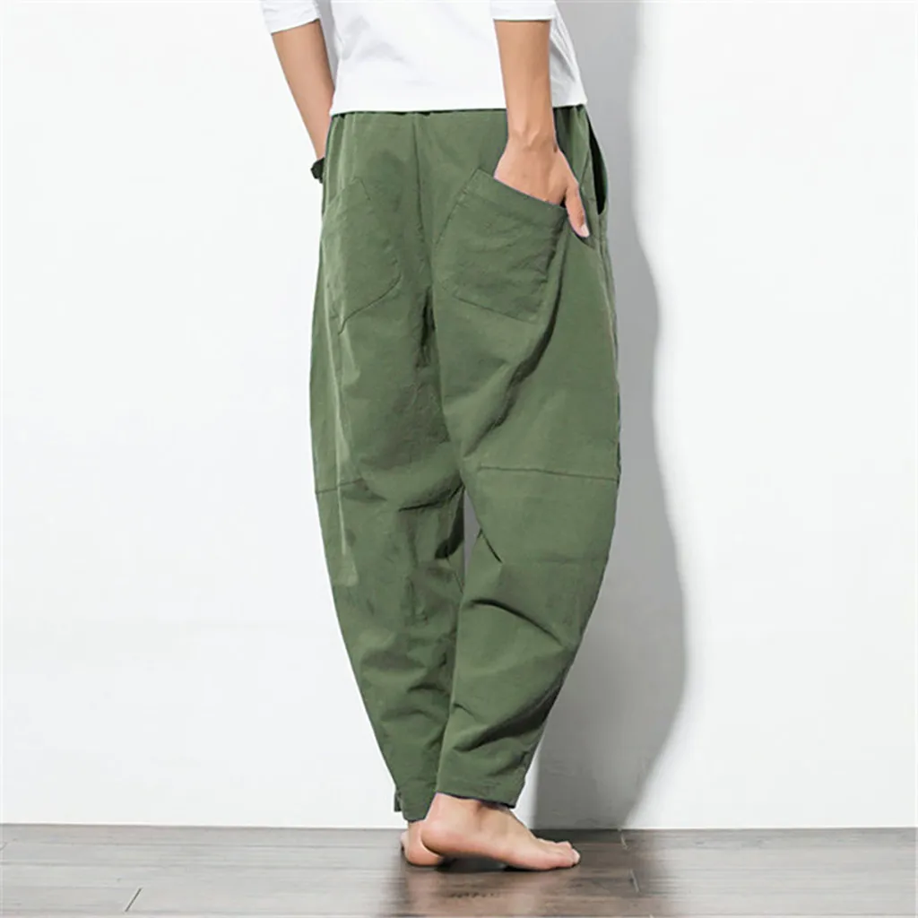 Fashion Men Oversized Linen Wide Pants Summer Korean Vintage Streetwear Male Elastic Waist Casual Big Size Solid Long Trousers