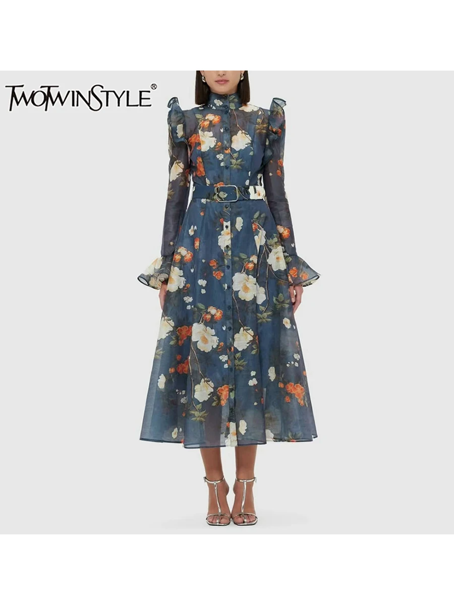 TWOTWINSTYLE Printing Spliced Belt  Dresses For Women O Neck Long Sleeve High Waist Temperament Dress Female Fashion Style New