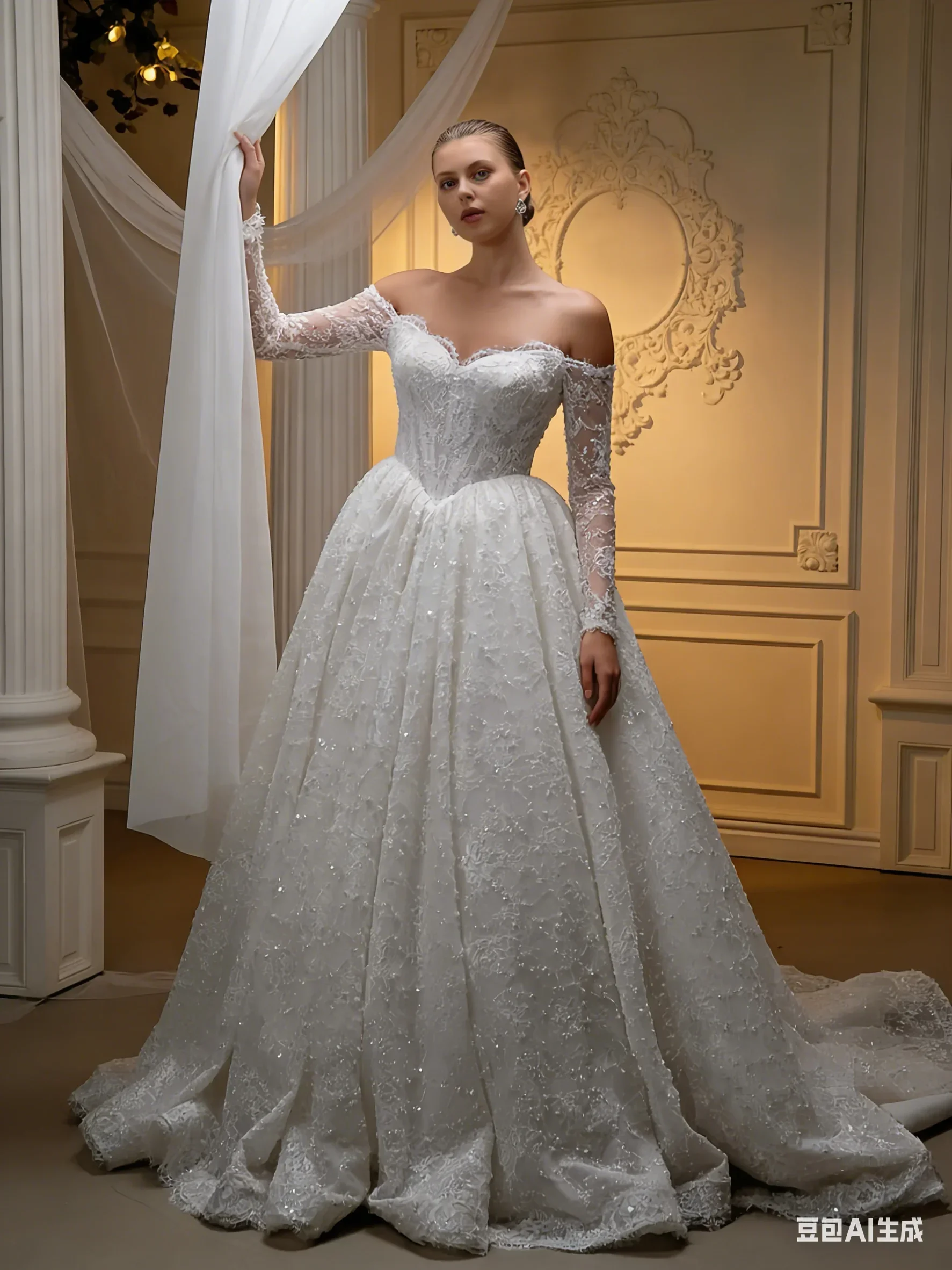 

Luxury Lace Long Sleeved Off-Shoulder Wedding Dress Sequin Bridal Gown for Women Customizable Special Occasion Dress