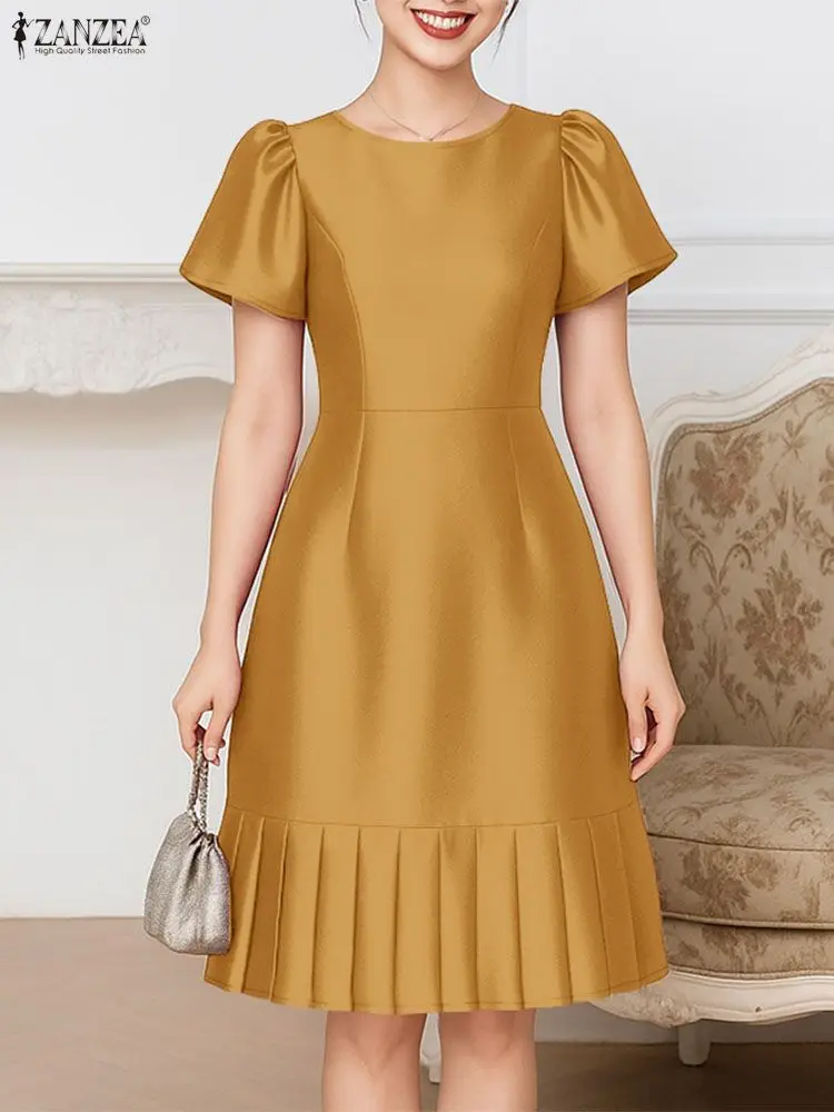우아한 파티 드레스 ZANZEA 여성용 2025 스타일리시 새틴 플리츠 드레스 페탈 슬리브 웨이스트드 선드레스 패션 A라인 OL 워크 베스티도스