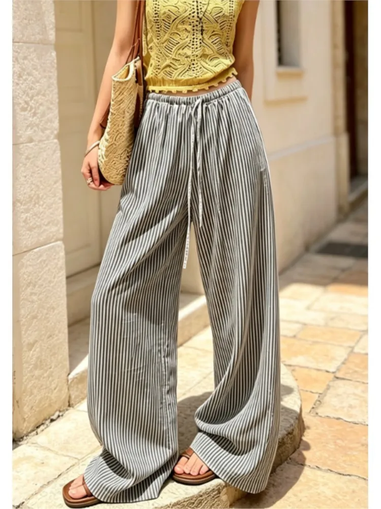 Women's Fashion Casual Vertical Striped Trousers Drawstring Elastic Loose Summer Vacation Daily Street Trousers Autumn Pants