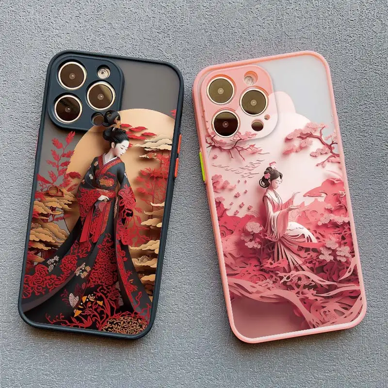 Chinese Style Antiquity Girl Paint Art Phone Case For iPhone 16 15 14 13 12 11 Pro Max Mini 15 8 7 Plus XS X XR Shockproof Cover