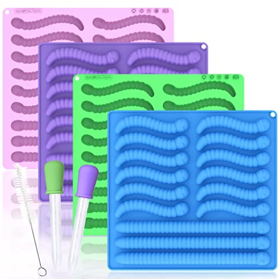 

Gummy Worm Molds Silicone 6ML 14ML 4PCS NonStick Silicone Large Worm Molds for Chocolate Gummy Candy 60 Cavity with 2 Droppers