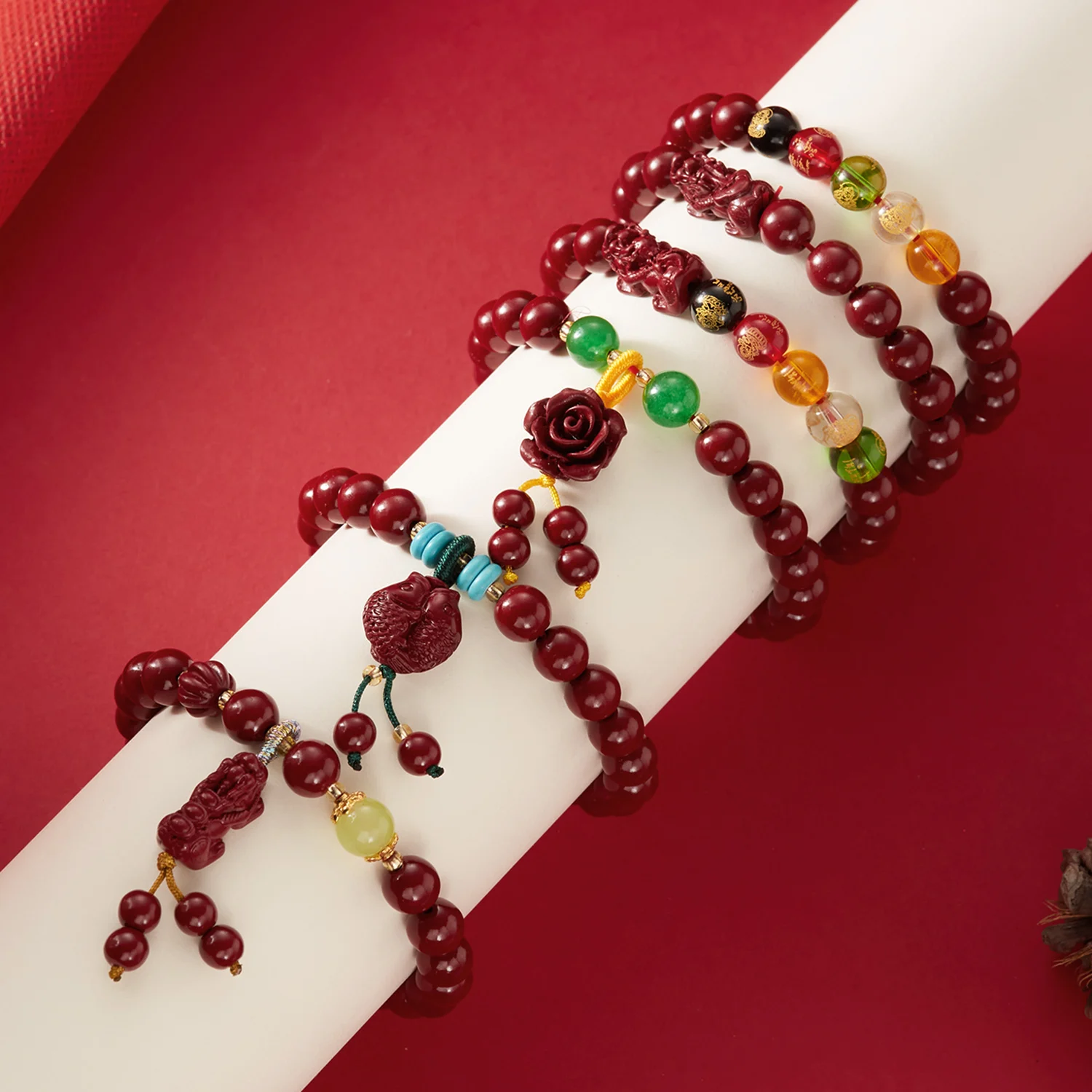 

Good Luck Red Imitation Cinnabar Beaded Bracelets for Women Men Handmade Pixiu Lotus Pendant Bracelets Amulet Jewelry Gifts