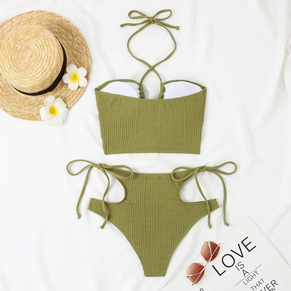 Army Green High Waist Bikinis Women 2025 Cut Out Two Pieces Swimsuit Criss Cross Neck Separate Bikini Set Swim Bathing Suits