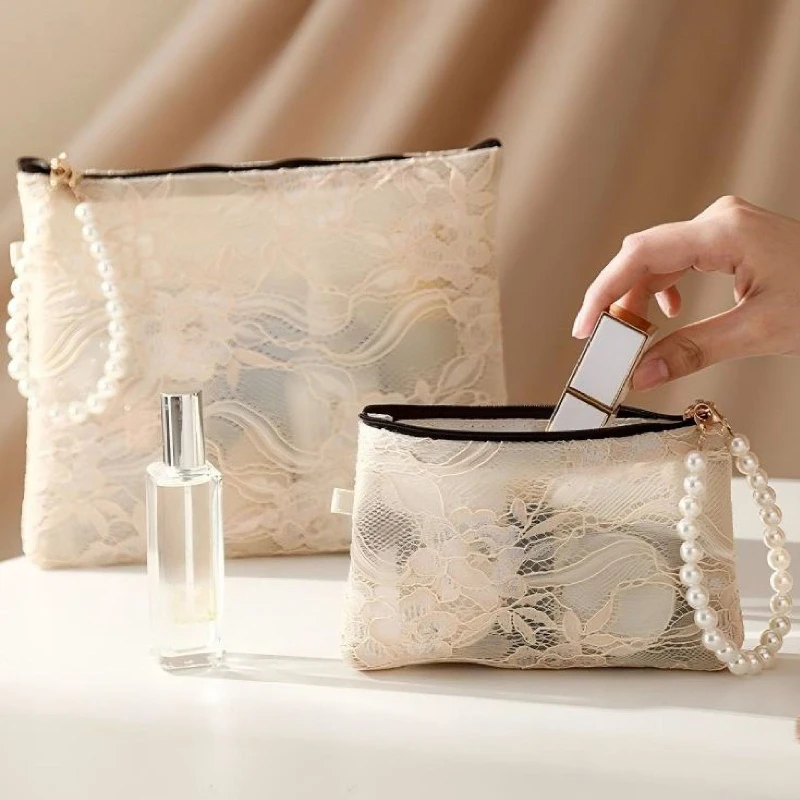 Elegant Women Lace Floral Mesh Makeup Bag Cosmetics Lipstick Earphones Storage Bag Coin Purse Pouch Small Makeup Zipper Bags