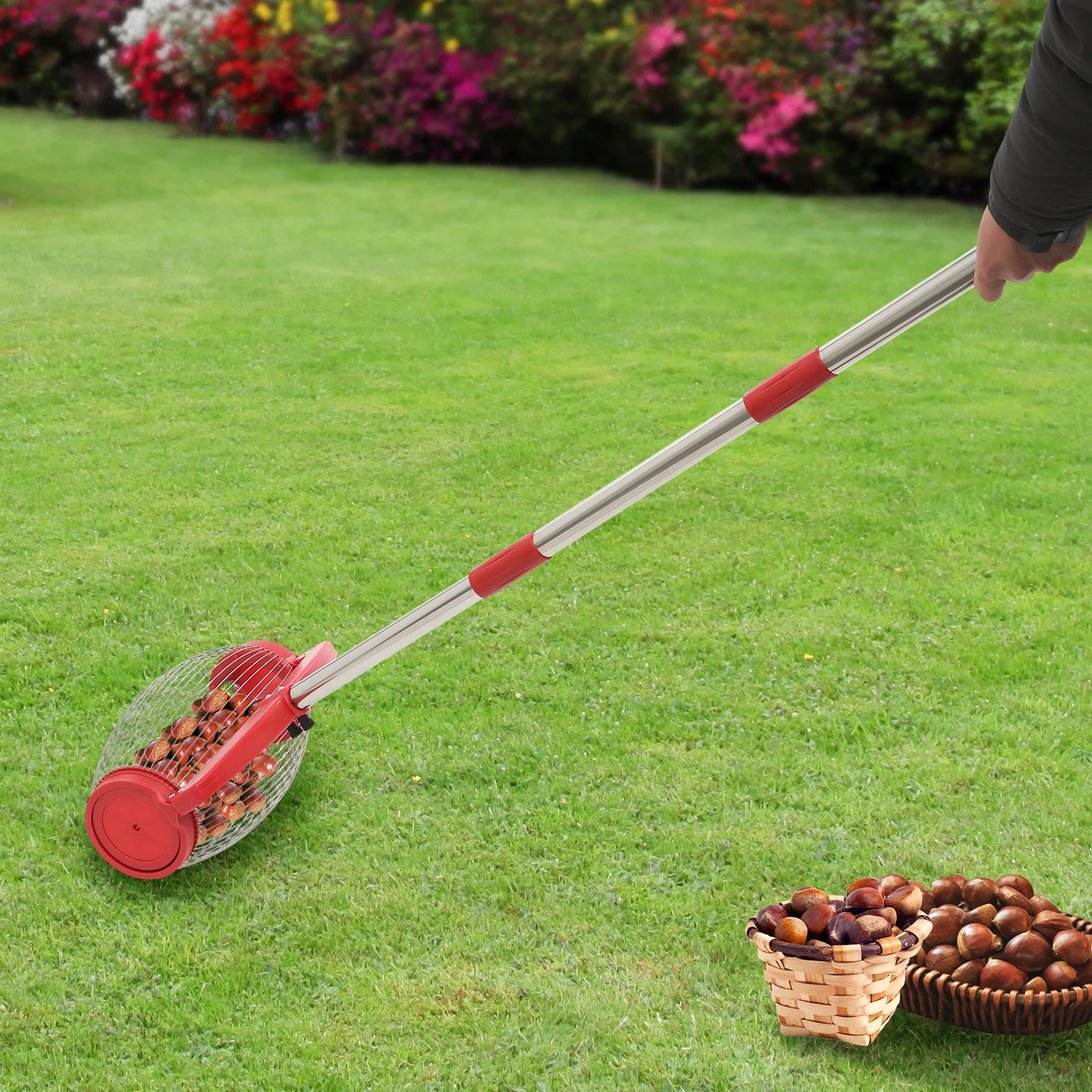 Nuss-Sammler ohne Bücken - Verstellbarer Griff, 30 kg Kapazität, seitlicher Entleerungsöffnung für Walnüsse/Golfbälle (mit Aufbewahrungstasche) – Detail 3