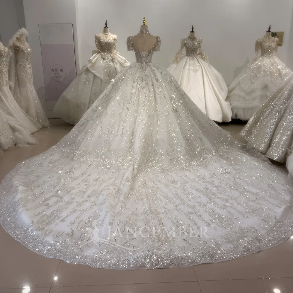 Maßgeschneiderte Kurzarm Brautkleider Sparkly Pailletten Applikationen Modest O-ansatz Brautkleid Prinzessin Robe Vestidos De Novia