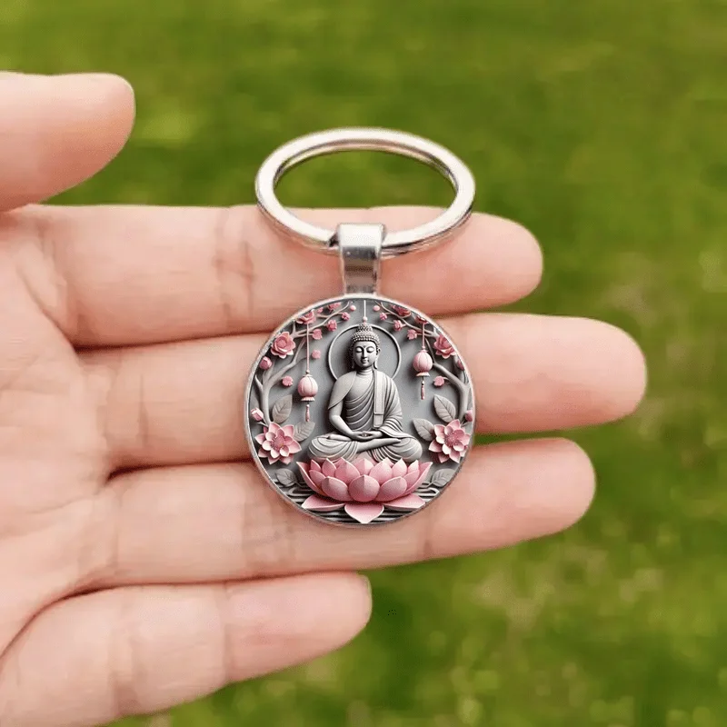 1 Vintage Buddha Keychain - Zinc Alloy Meditation Buddha Design，Pink Lotus and Lantern，Spiritual Gifts，Bring relaxation、Respect