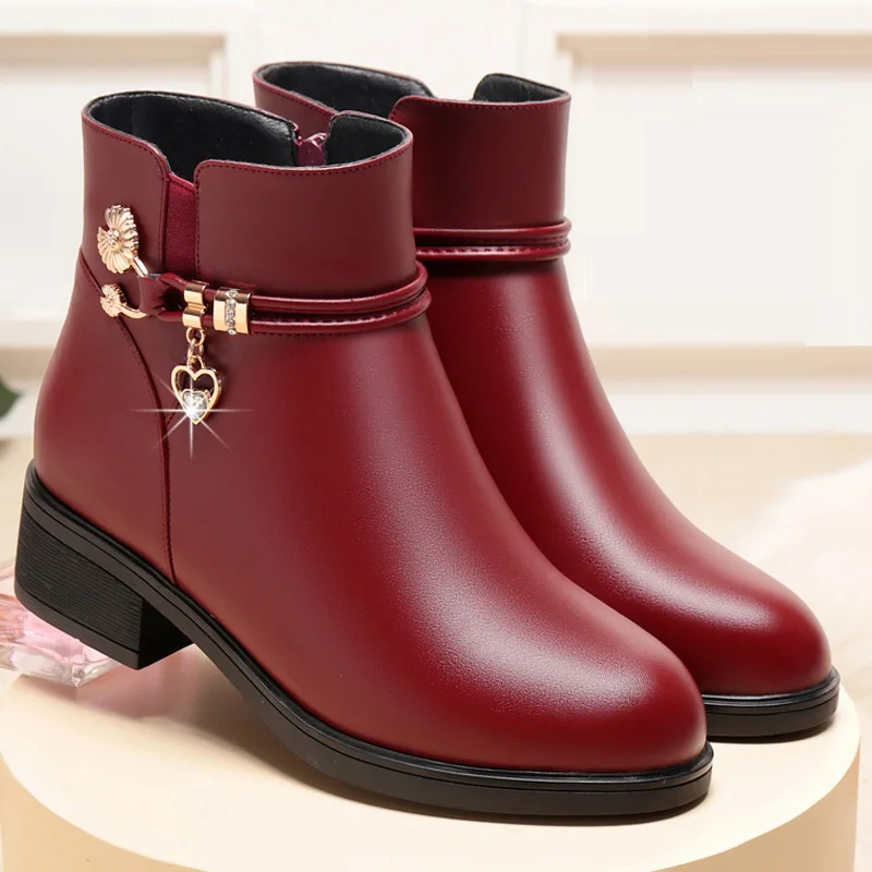 Winter Genuine Leather Thick Heel Ankle Boots Women Warm Boots Side Zipper Soft Comfortable High Heels Ankle Boots Ladies Shoes image 3