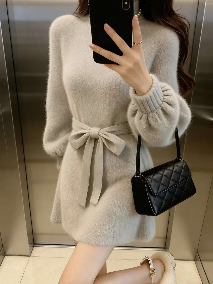 

Вязаное женское платье миди с полувысоким воротником, приталенное, в корейском стиле, удобное для повседневной носки, с длинными рукавами, Весна 2026