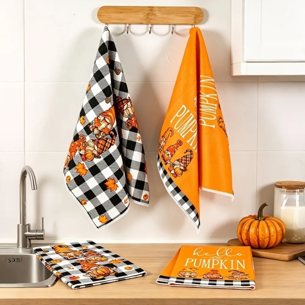 2Pcs Soft Absorbent Fall Gnome Dish Towels Maple Leaf Autumn Harvest Kitchen Hand Towels Thickened Quick Dry
