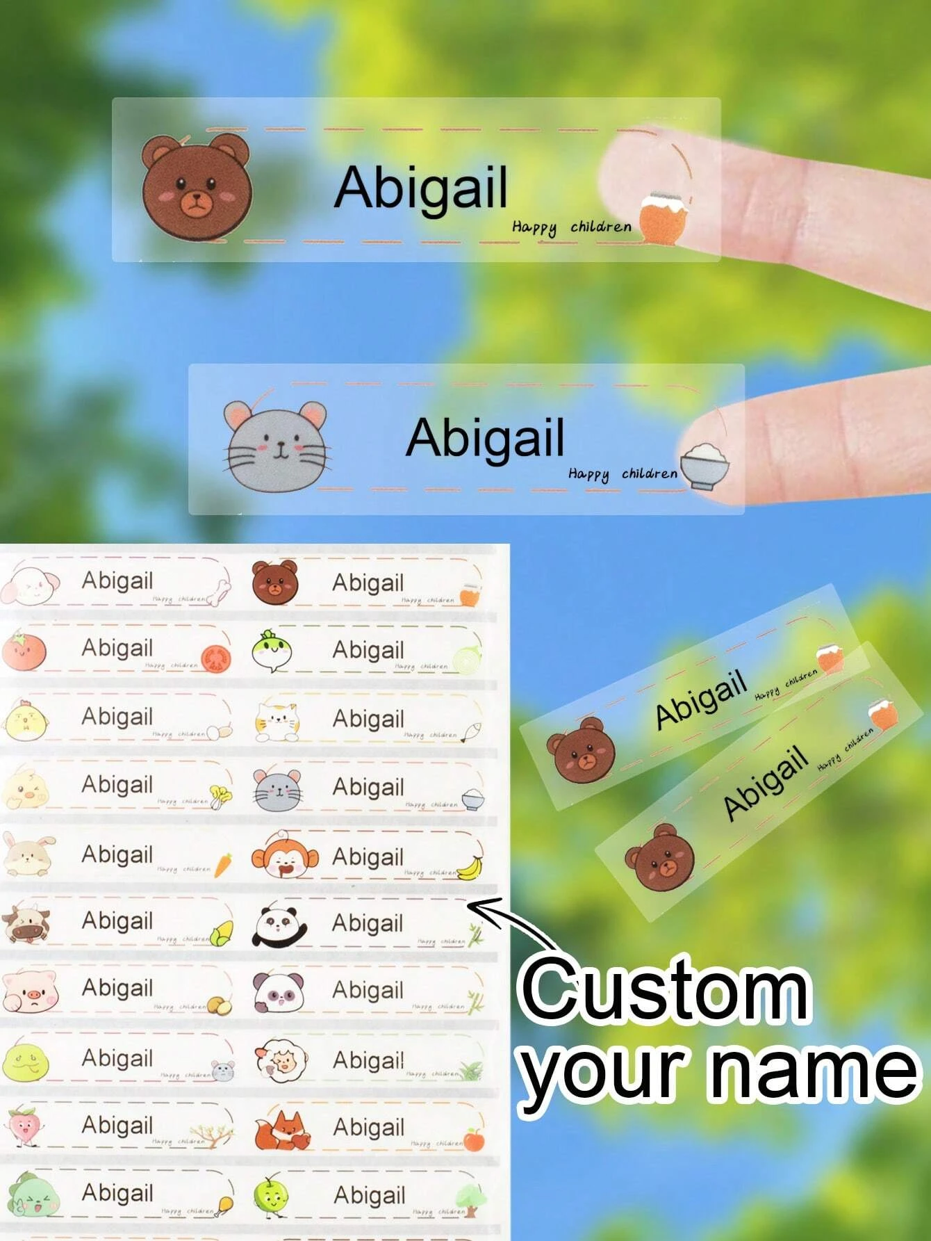 4.6*1.1 سنتيمتر ملصقات اسم شخصية للرعاية النهارية ، تسميات أسماء مخصصة شفافة للزجاجات ، ملصقات الحيوانات اسم مخصص