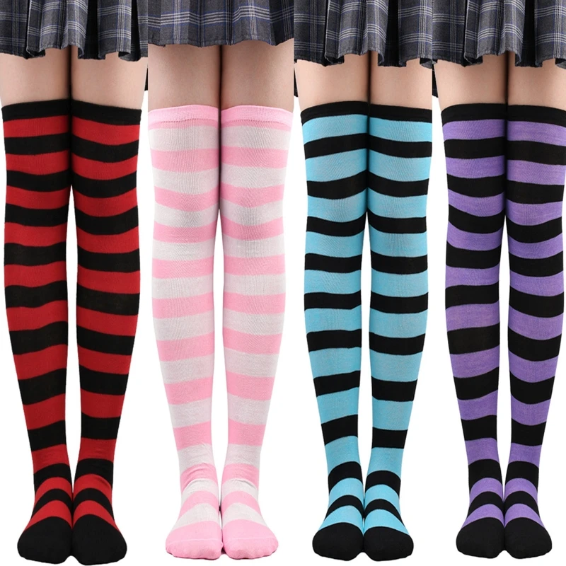 Women Striped Print Over Knee Long Socks Thigh High Stockings for Christmas Halloween Anime Cosplay Costume Accessories M6CD