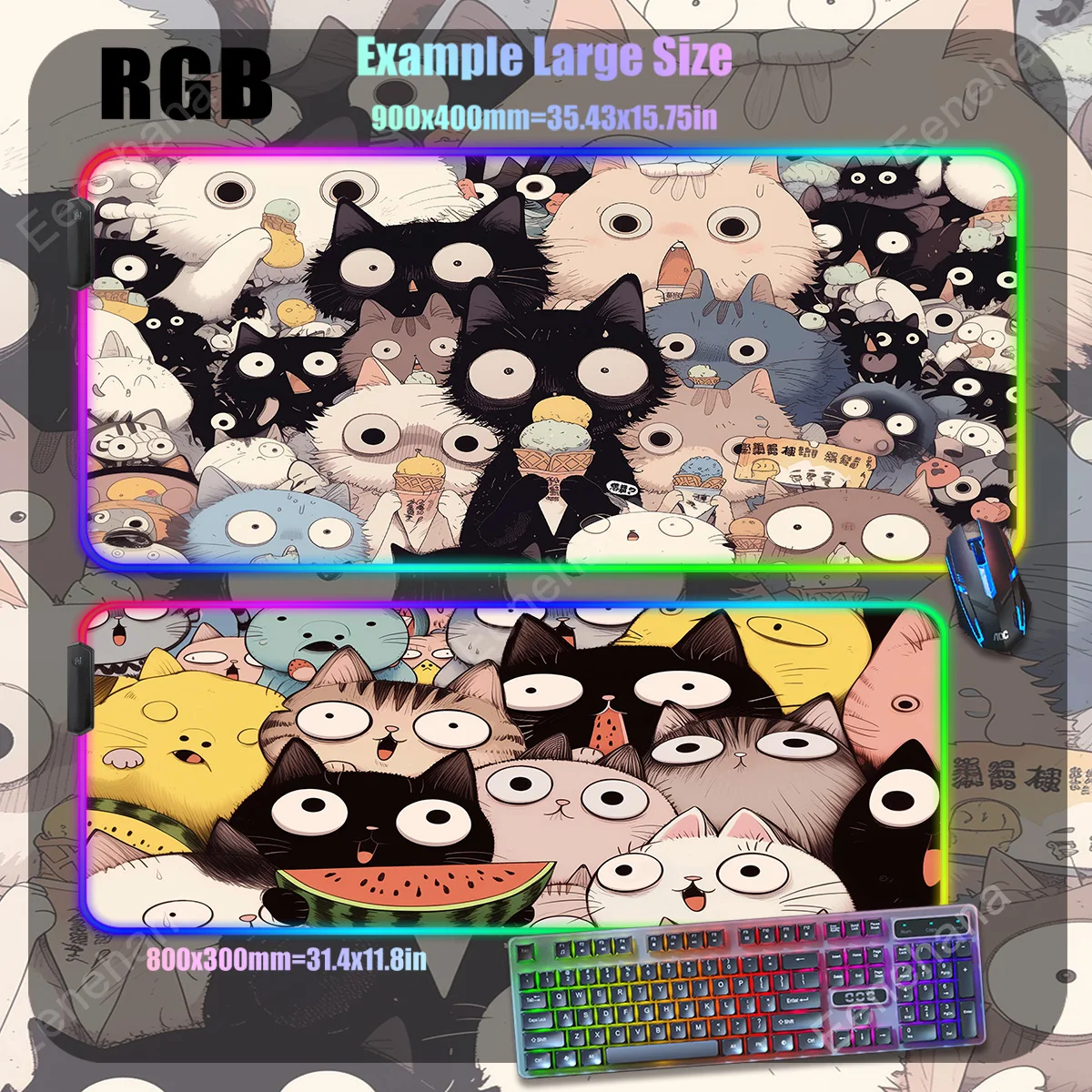 Pequeno Monstro LED Backlight Gamer Playmat, RGB Mouse Pad, Tapete de Mesa Mecânica, Kawaii, apto para Teclado de Computador, Gato Preto, Menina, XXL