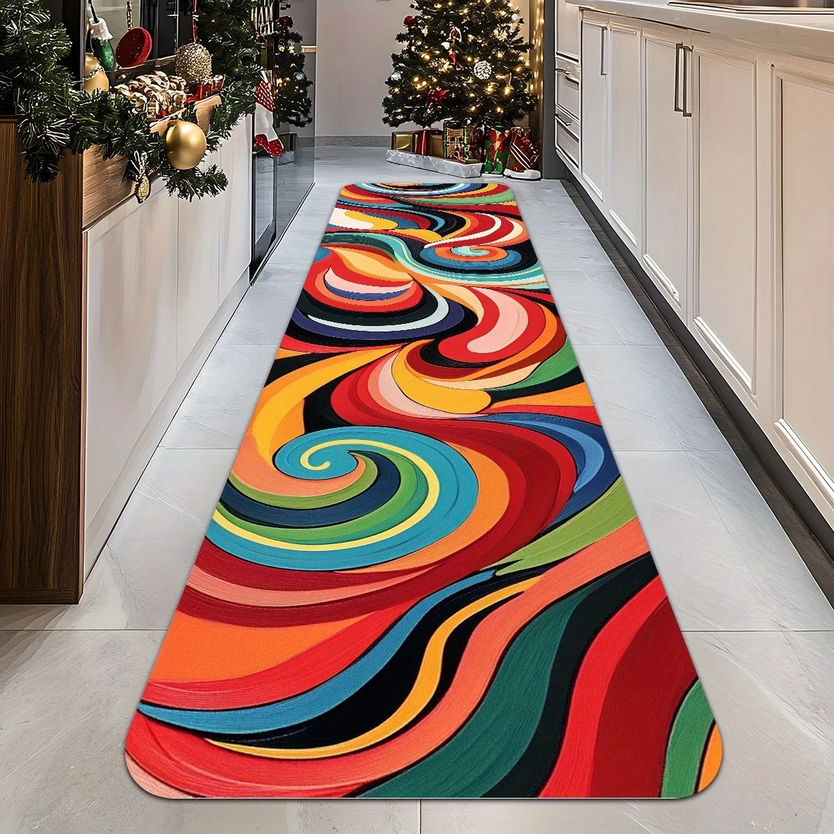 Vibrant Multicolor Swirl Runner Mat Anti Slip Water Absorbent Rug Abstract Art Decor Carpet for Kitchen Sink Home Entrance