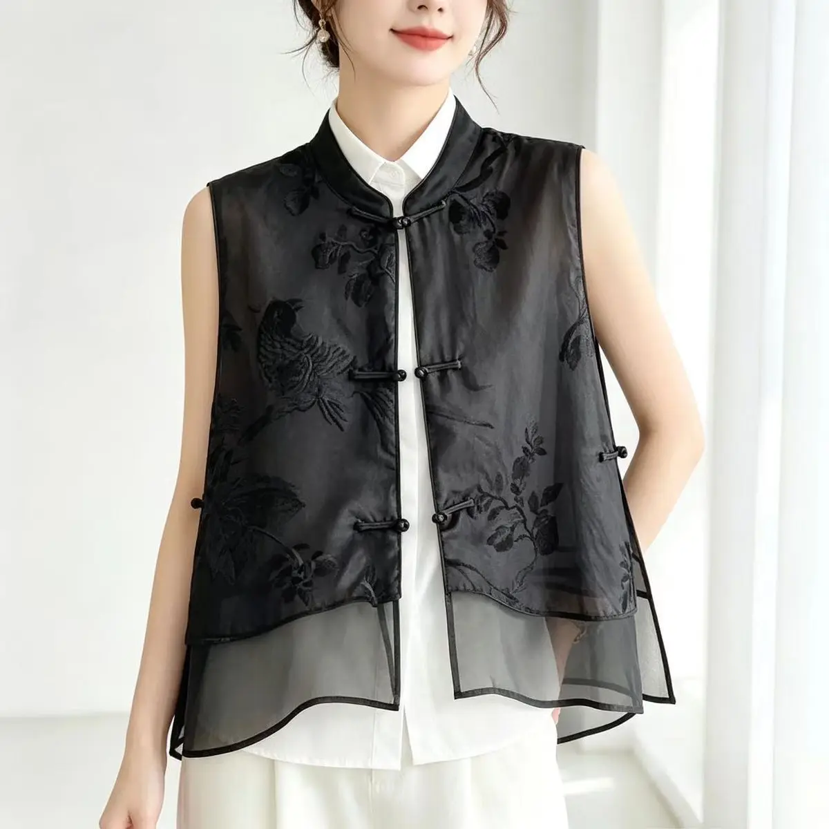 double-layer New Chinese-style Light Land mature wind Embroidered Vest, Black Advanced Sense Daily Wear Temperament And Nationa