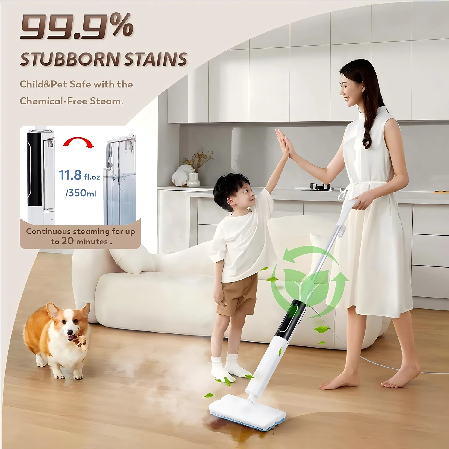 Smart Touch Screen Electric Steam Mop 15S Fast Heating Lightweight Self-Standing Electric Mopping Machine Adjustable Steam Mode