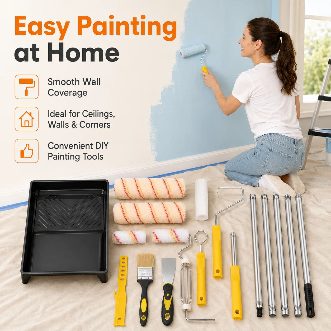 GOOGO 13-Piece Paint Roller Set with 150cm Stainless Steel Pole Microfiber Rollers Tray Brush for Wall Painting Kit Yellow view 4