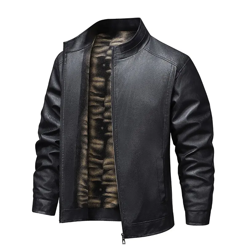 

Spring and Autumn Fashion Solid Color Plus Cashmere Warm PU Leather Jacket Men's Casual Loose Sports Motorcycle High-Grade Coat