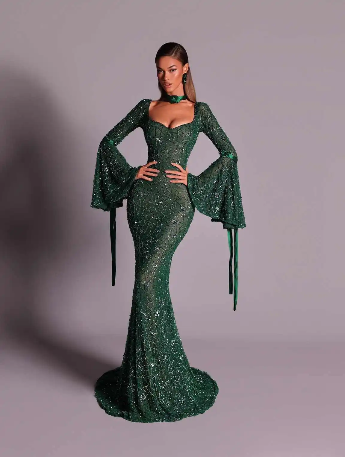 Elegant Mermaid Prom Gown Long Sleeve Evening Dress Satin 3D-Lace Party Prom Dress Sexy Bridal Gowns Robes De Mariée Customized