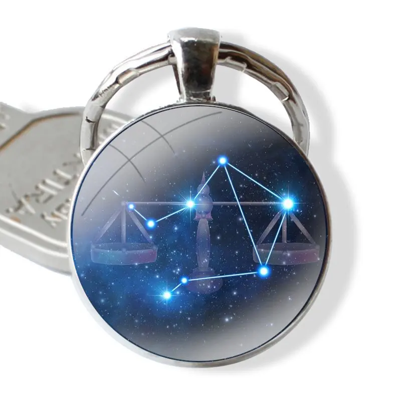 Keychain Handmade Glass Cabochon Key Ring Holder Pendant Key Chains Libra Constellation In Starry Dark Blue image 5